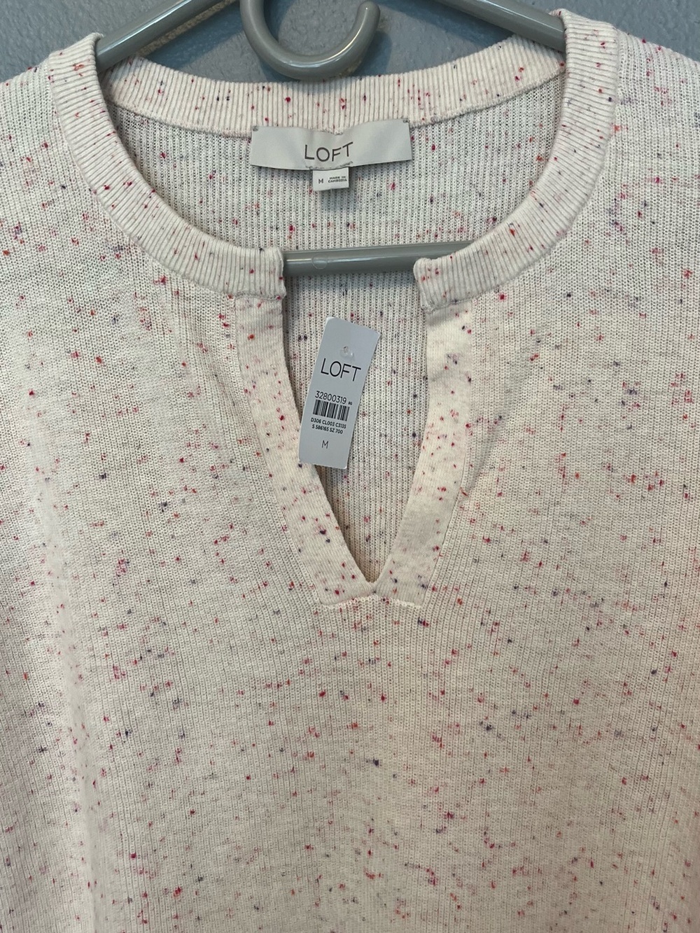 LOFT Cream Speckled V-Neck Sweater with Pink and Navy Flecks